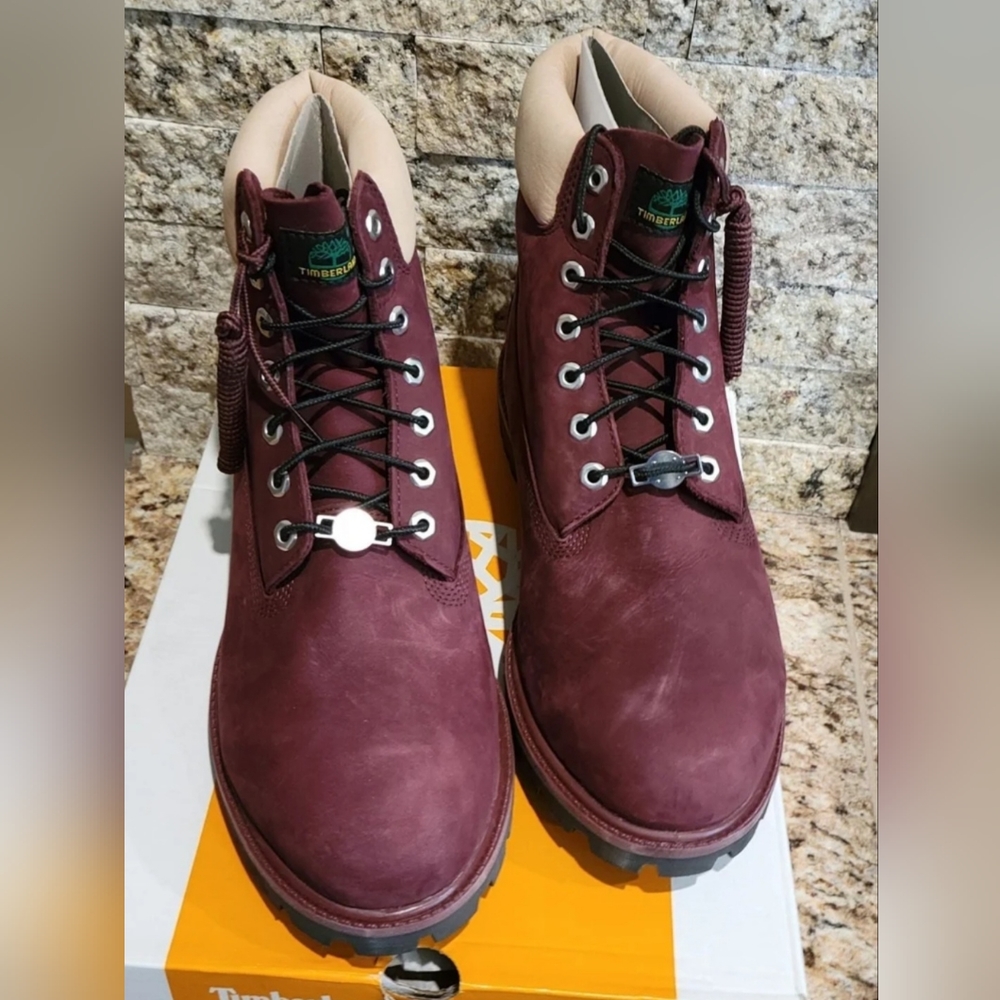 Mens Timberland 6" Premium Boots Burgundy with Beige Collar - Picture 3 of 11